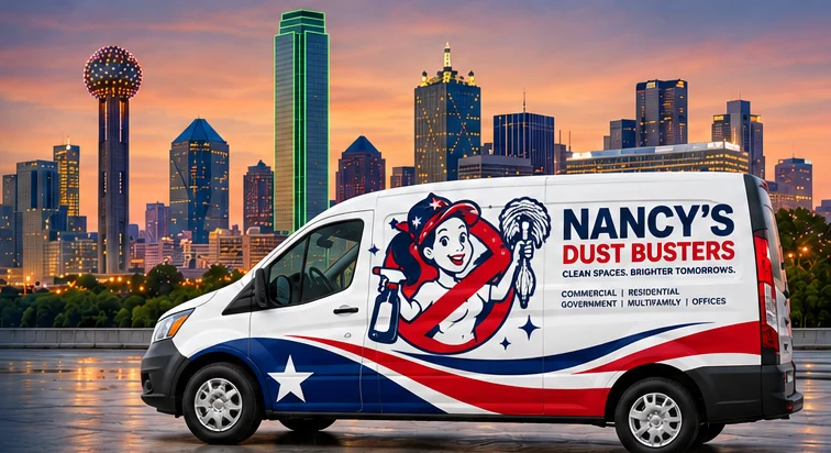 Illustration of a branded cleaning van with the Dallas skyline
